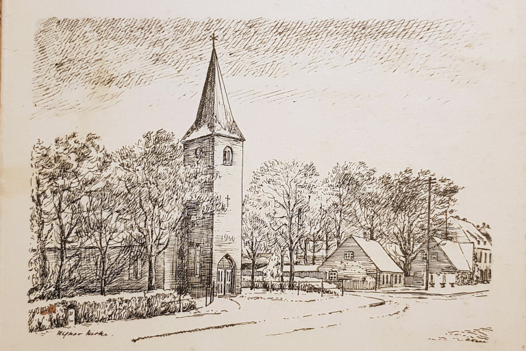 Da Ulfkjær blev til Ulfborg</br>Ulfkjær Kirke: <br />Postkort: Tegning Alfred Kaae 1966. Privateje